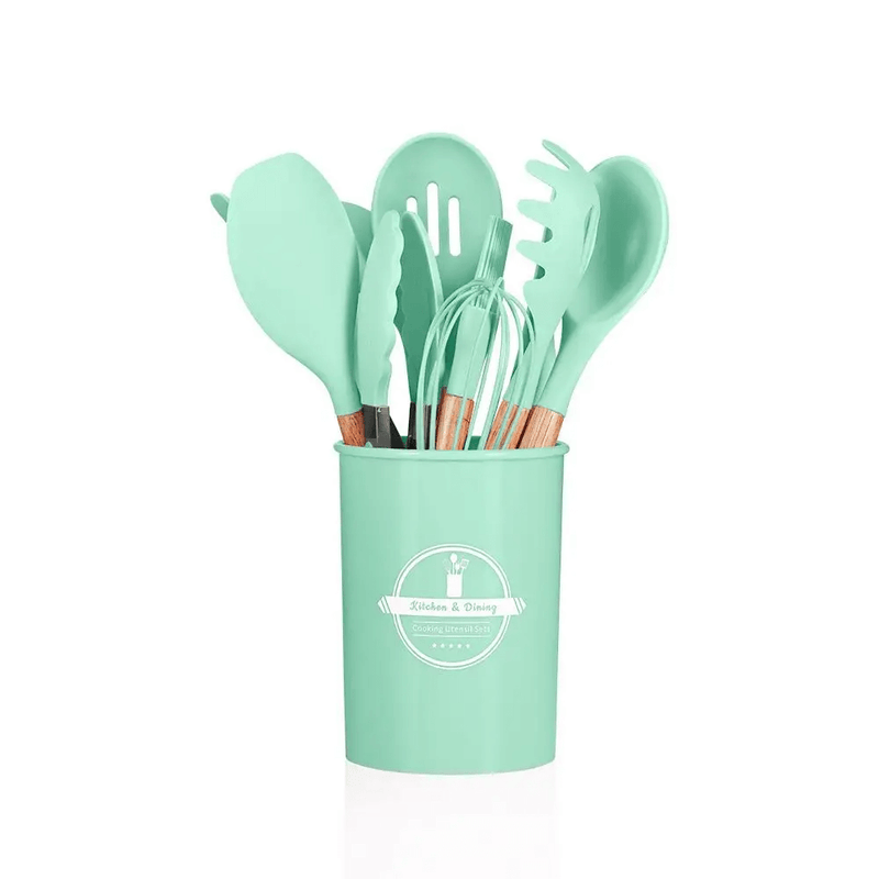 Kit Com 12 Peças | Colheres de Silicone Cabo de Madeira