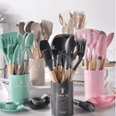 Kit Com 12 Peças | Colheres de Silicone Cabo de Madeira